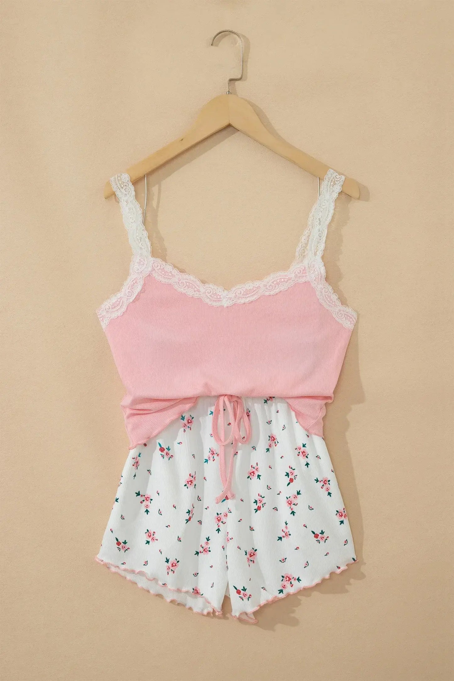 Pink Ribbed Knit Lace Straps Patchwork Lettuce Hem Cropped Top Floral Short Lounge Set - Sweet Fashion Wholesale