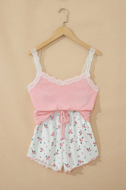 Pink Ribbed Knit Lace Straps Patchwork Lettuce Hem Cropped Top Floral Short Lounge Set - Sweet Fashion Wholesale
