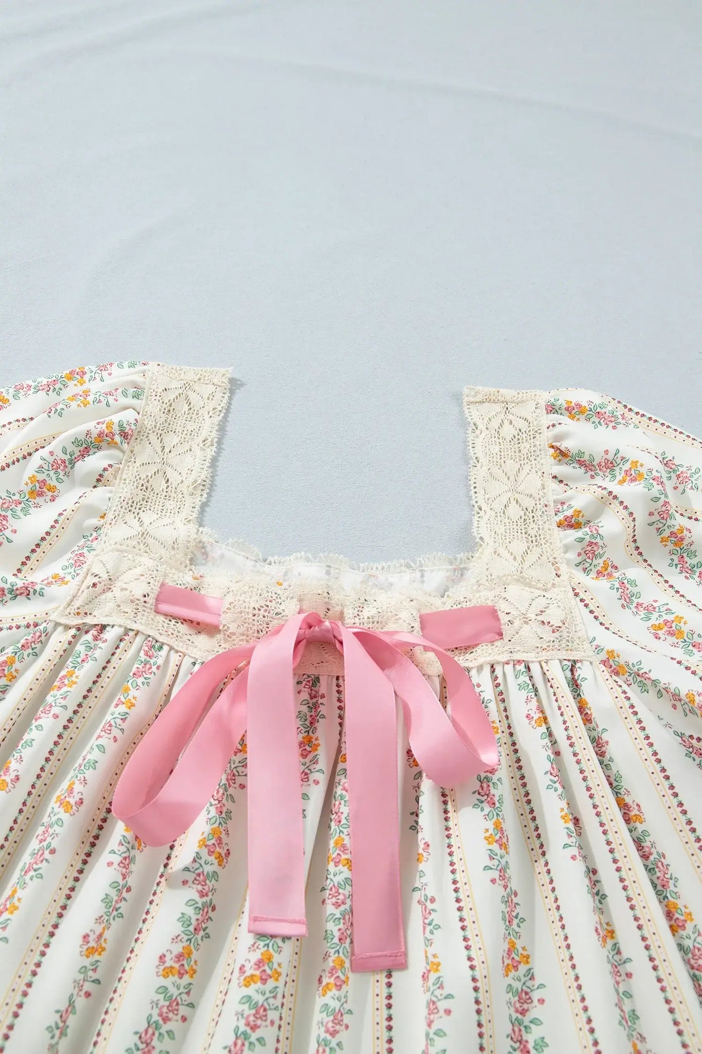 Multicolour Floral Print Contrast Ribbon Bow Lace Trim Square Neck Mini Dress
