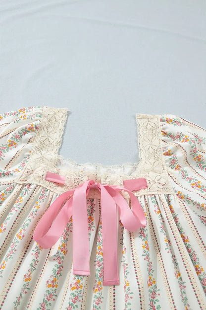 Multicolour Floral Print Contrast Ribbon Bow Lace Trim Square Neck Mini Dress