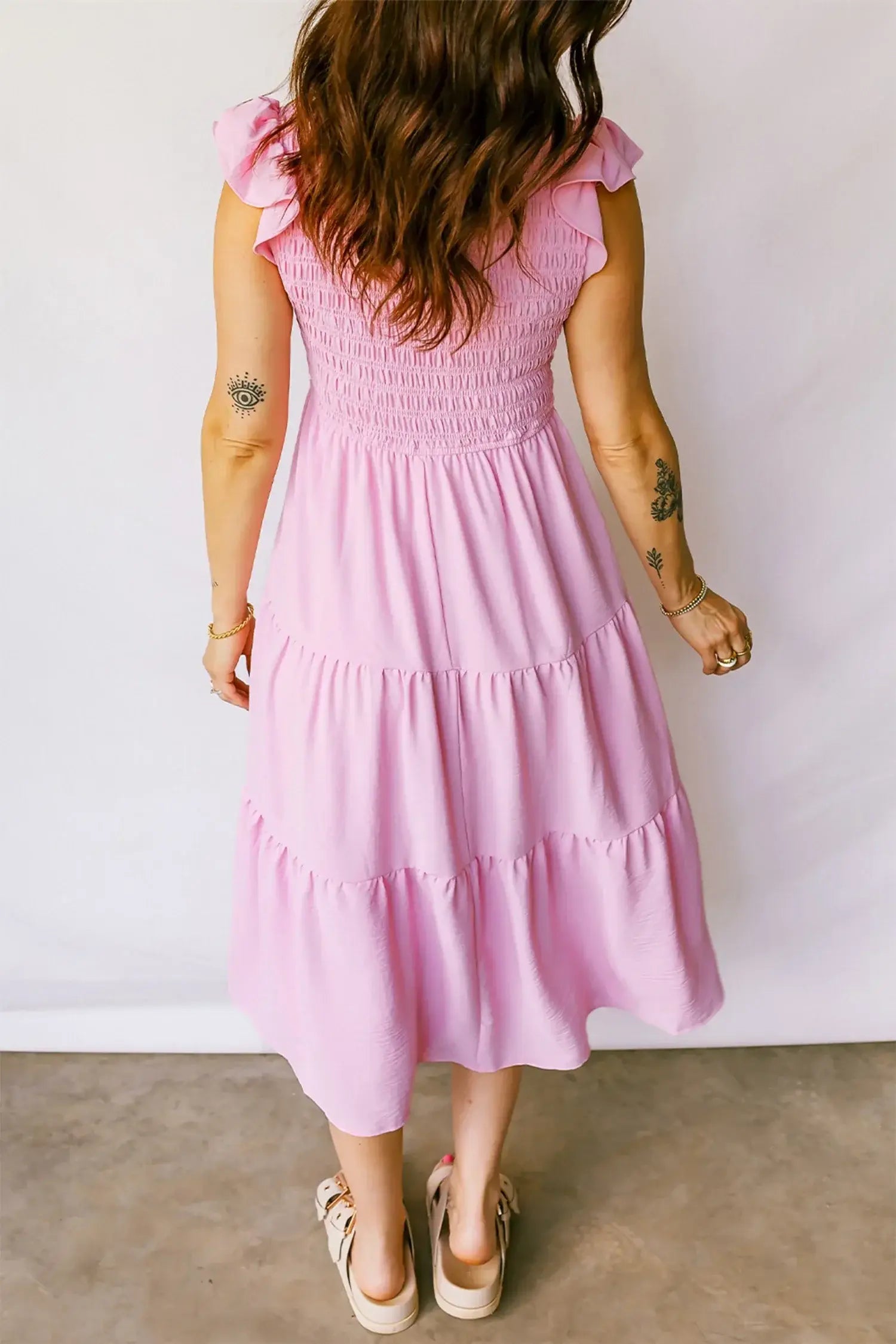 Pink Smocked Bodice Flutter Sleeve Fit Flare Tiered Midi Dress - Sweet Fashion Wholesale