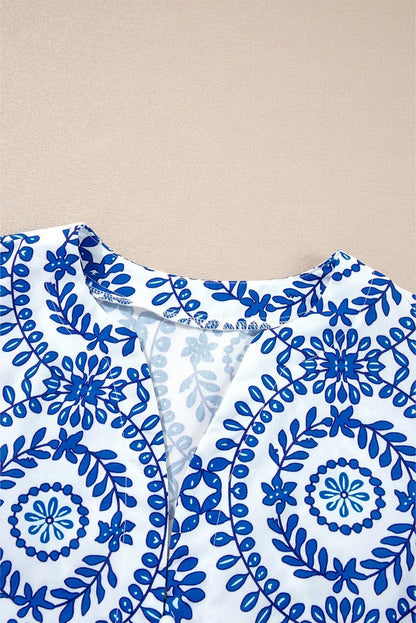 Sky Blue Vintage Geometric Printed Puff Sleeve Slit V Neck Shirt