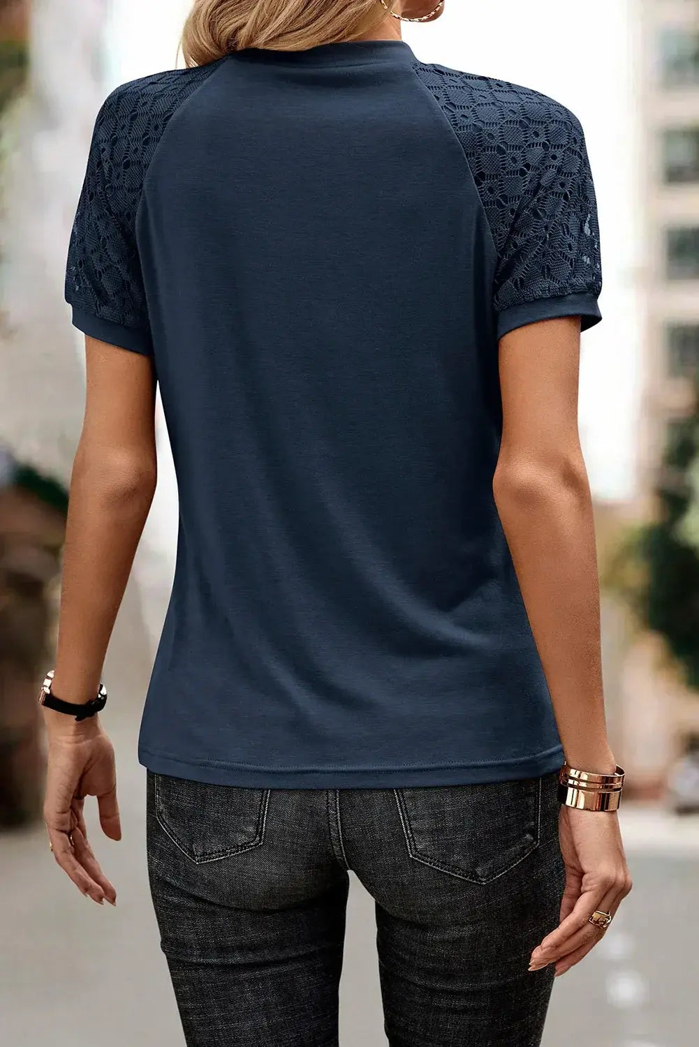 Navy Blue Seamed Detail Contrast Lace Raglan Sleeve Tee - Sweet Fashion Wholesale