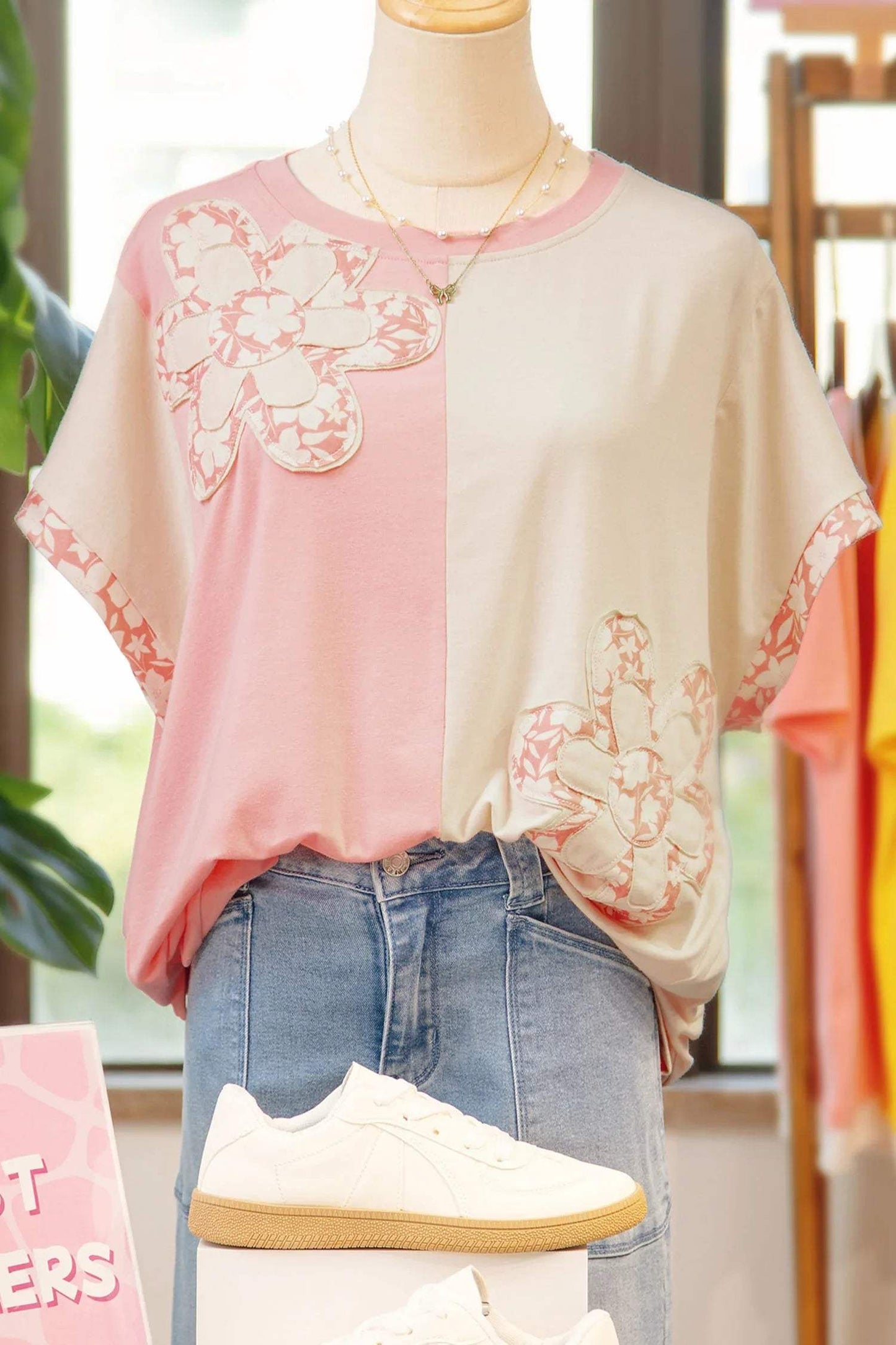 Apricot Color Block Flower Patched Loose T Shirt - Sweet Fashion Wholesale