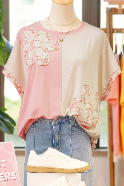 Apricot Color Block Flower Patched Loose T Shirt - Sweet Fashion Wholesale