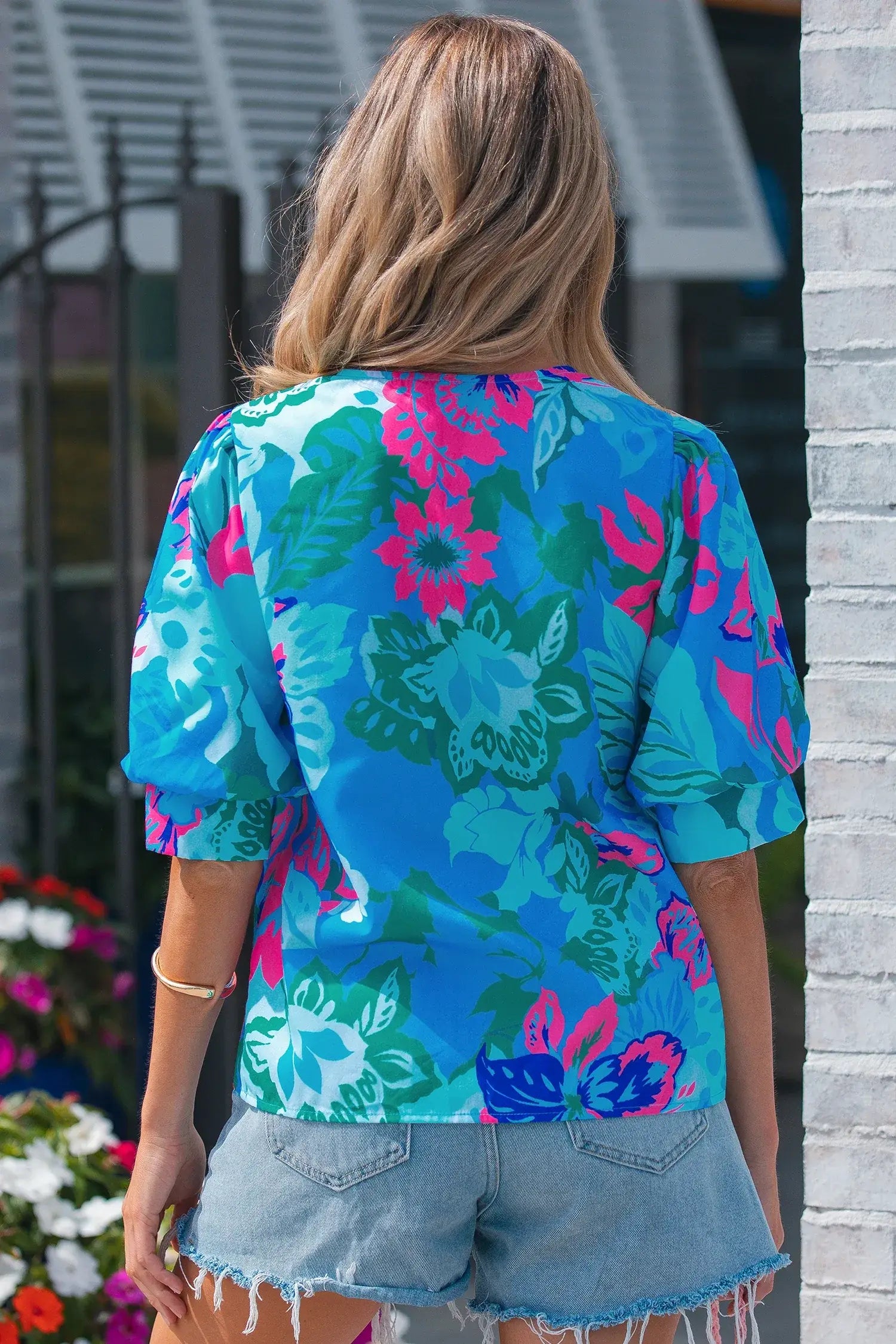 Sky Blue Floral Print V Neck Half Sleeve Blouse - Sweet Fashion Wholesale