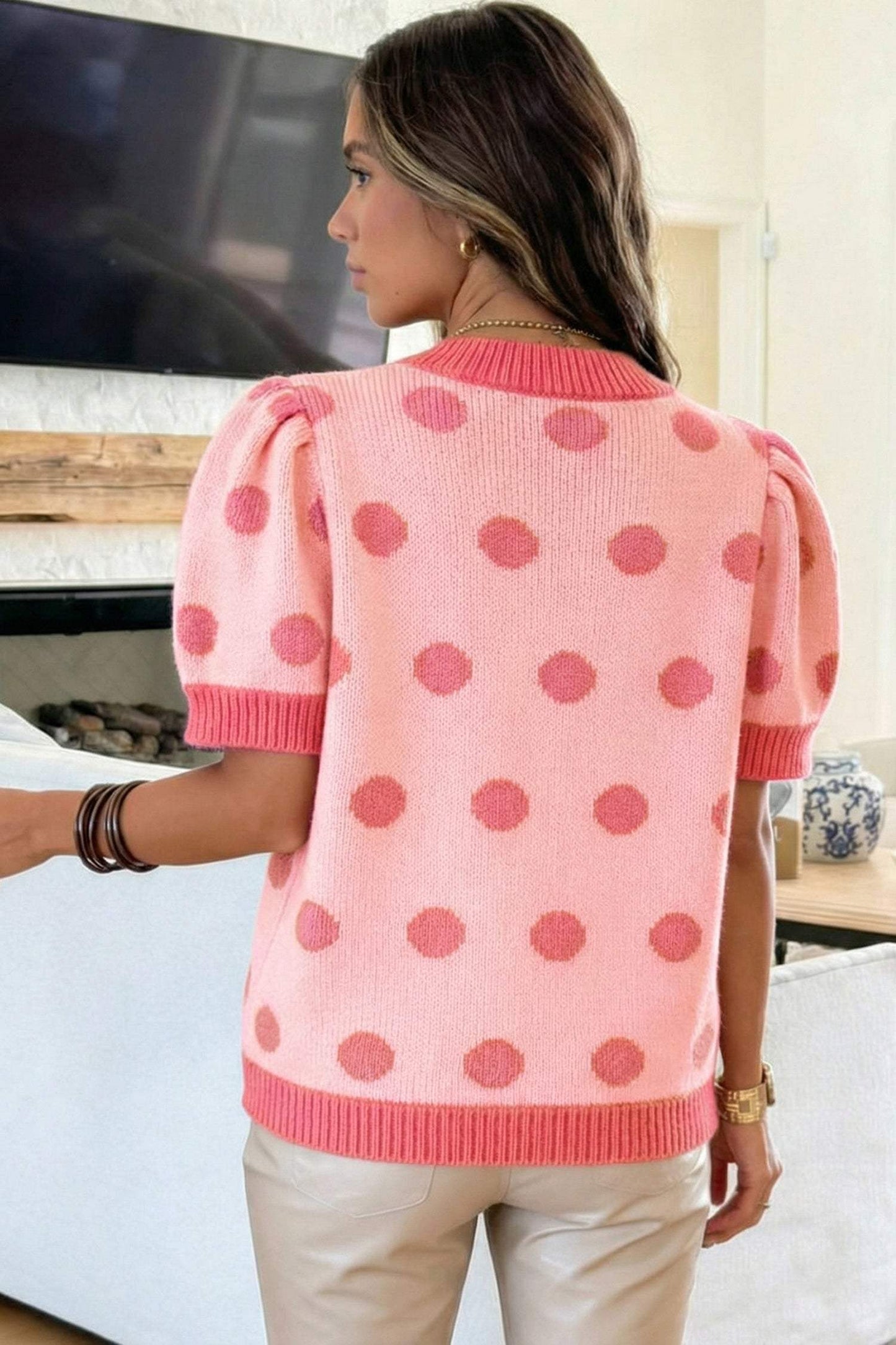 Pink Polka Dot Puff Short Sleeve Sweater Top