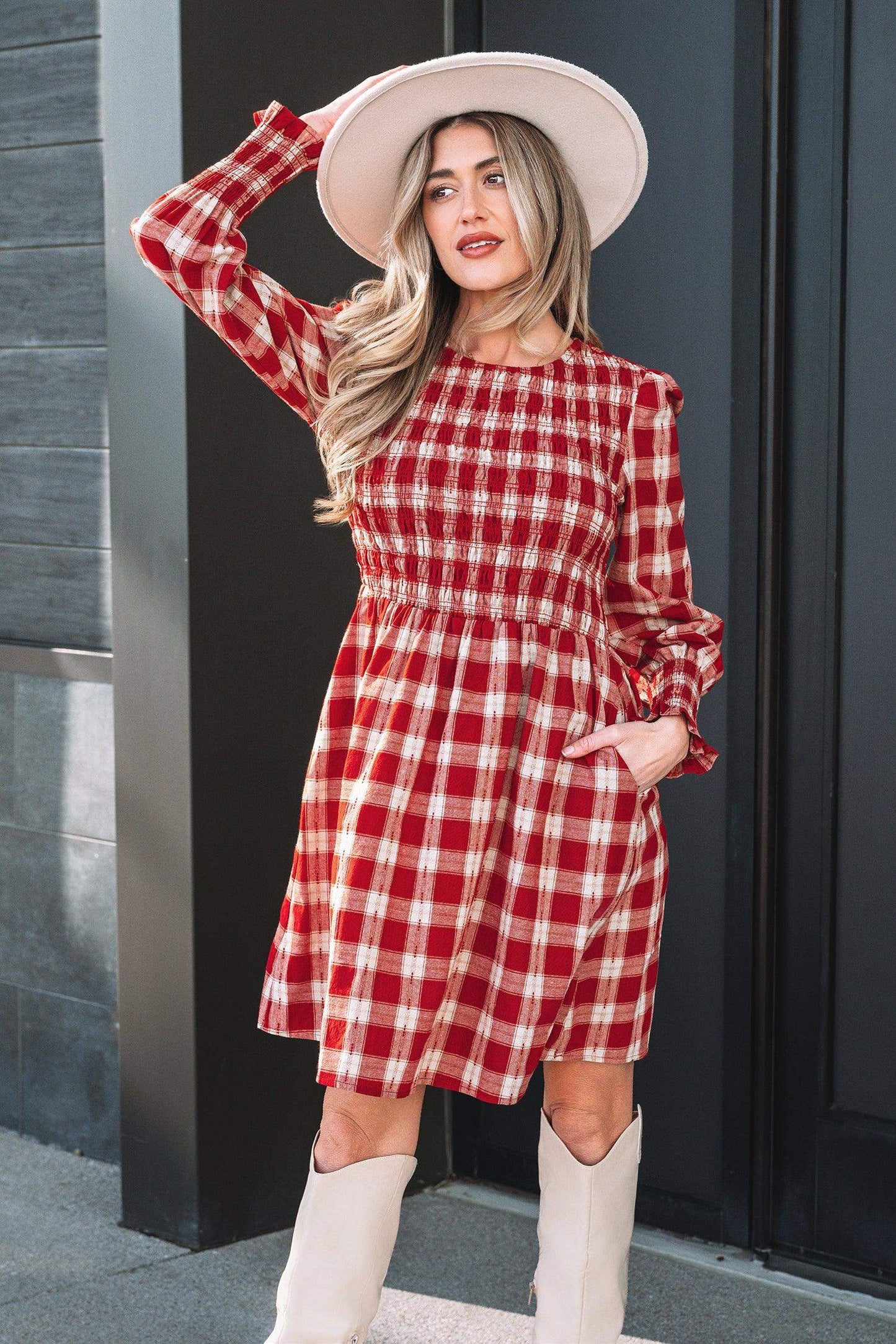 Red Plaid Print Smocked Puff Sleeve Mini Dress - Sweet Fashion Wholesale