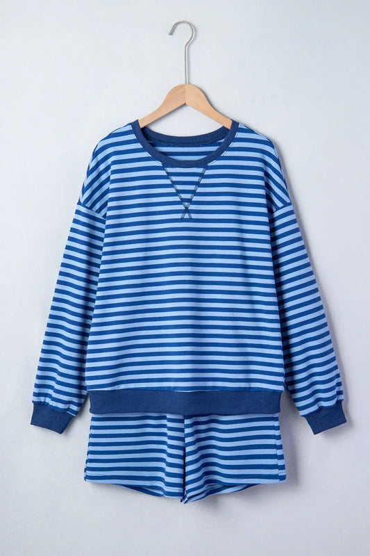 Blue Stripe Drop Shoulder Long Sleeve Pullover Elastic Waist Casual Short Set - Sweet Fashion Wholesale