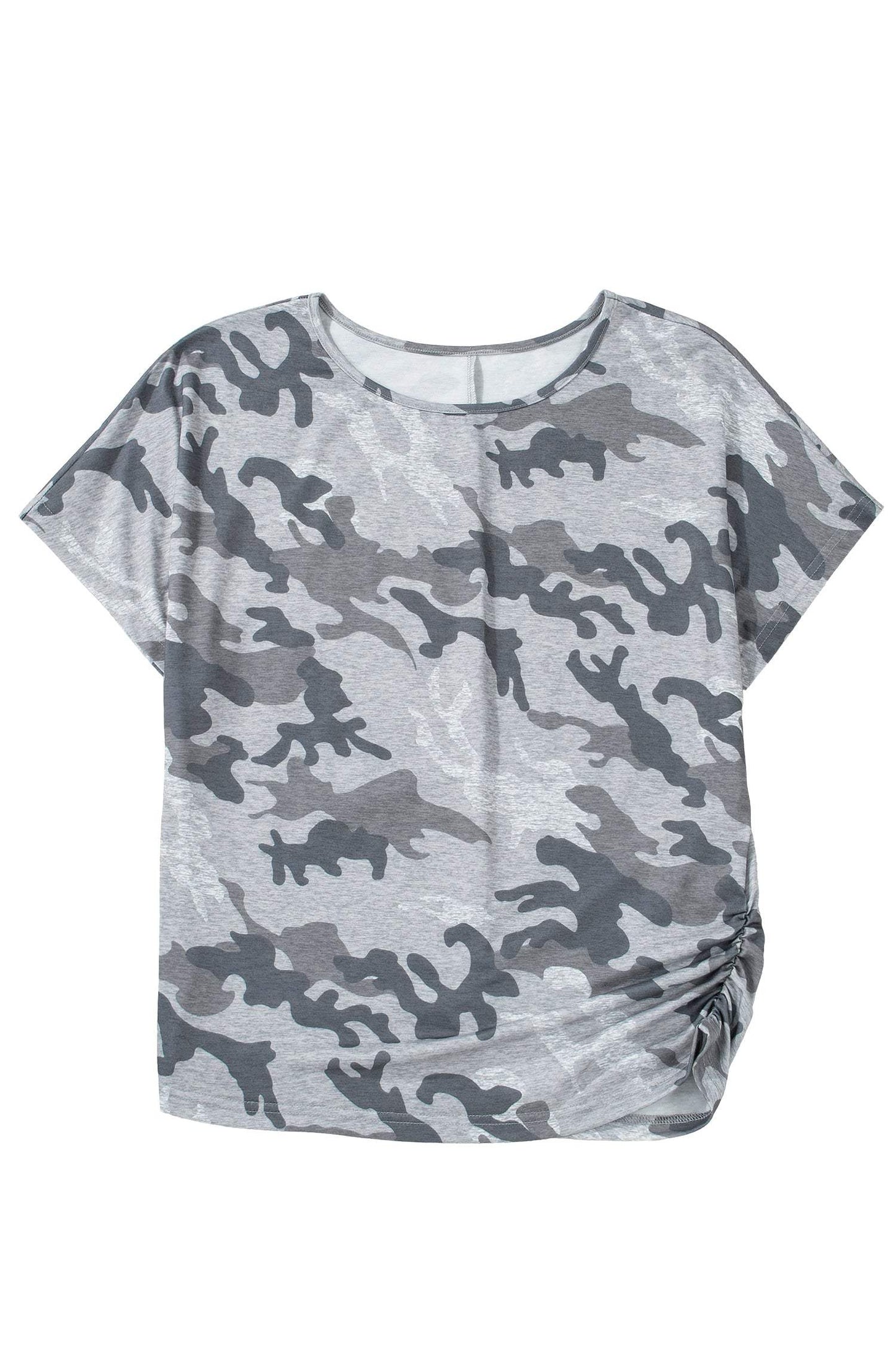 Gray Camouflage Print Round Neck T Shirt