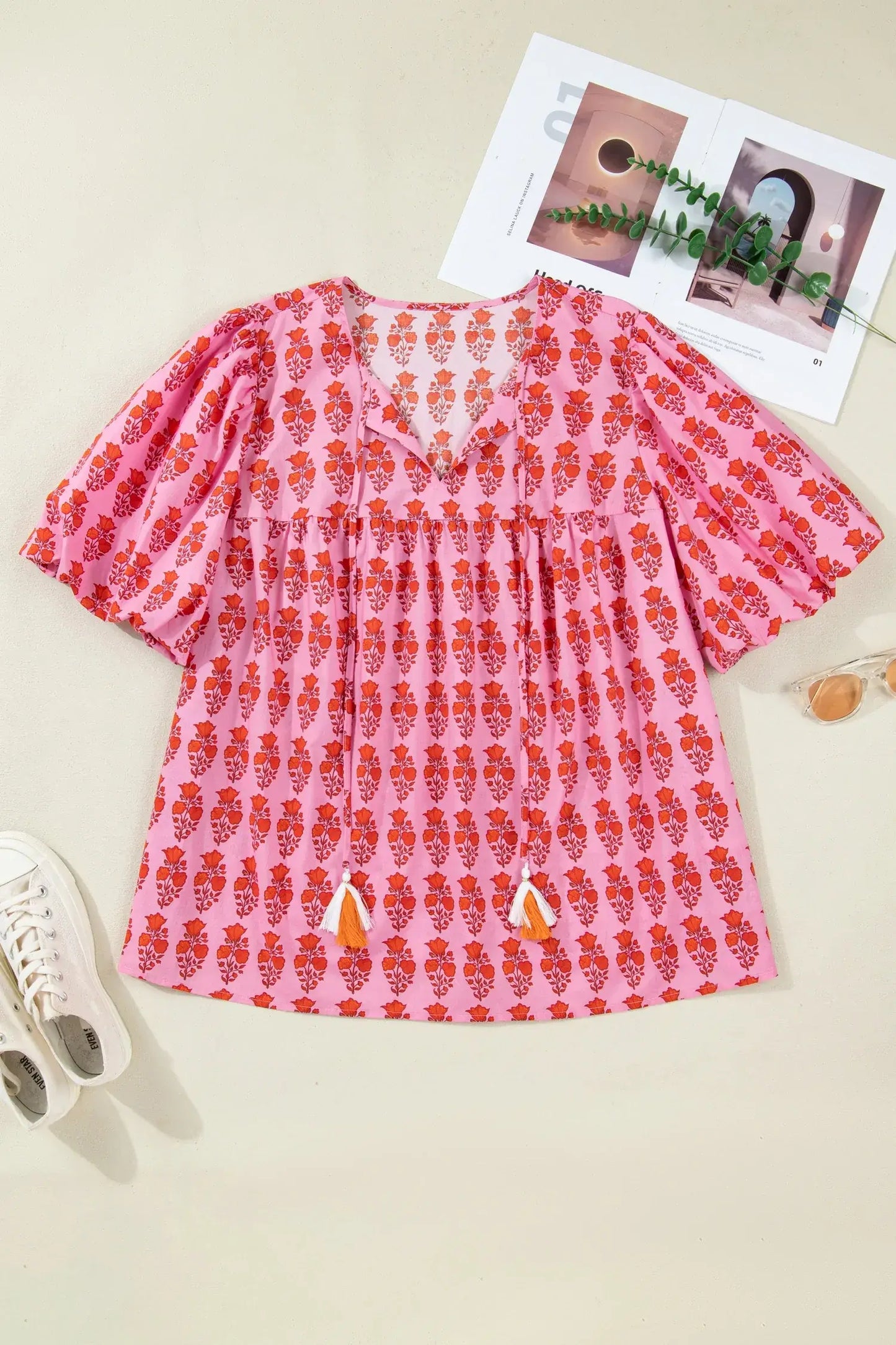 Pink Plus Size Floral Print Tassel Tie Puff Sleeve Cotton Blouse - Sweet Fashion Wholesale
