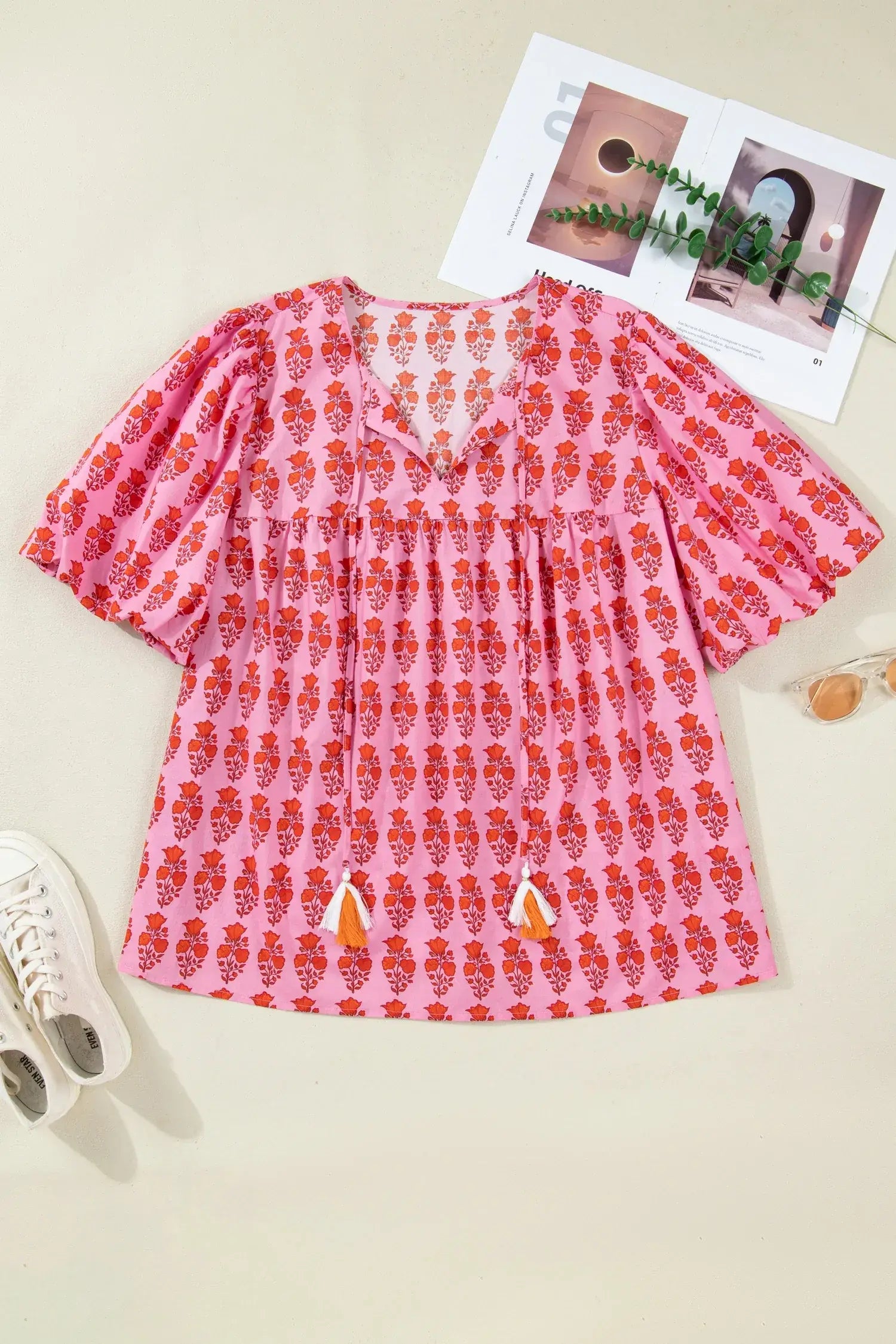 Pink Plus Size Floral Print Tassel Tie Puff Sleeve Cotton Blouse - Sweet Fashion Wholesale