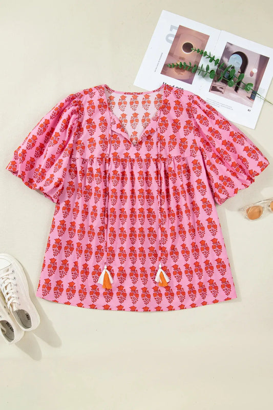 Pink Plus Size Floral Print Tassel Tie Puff Sleeve Cotton Blouse - Sweet Fashion Wholesale