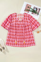 Pink Plus Size Floral Print Tassel Tie Puff Sleeve Cotton Blouse - Sweet Fashion Wholesale