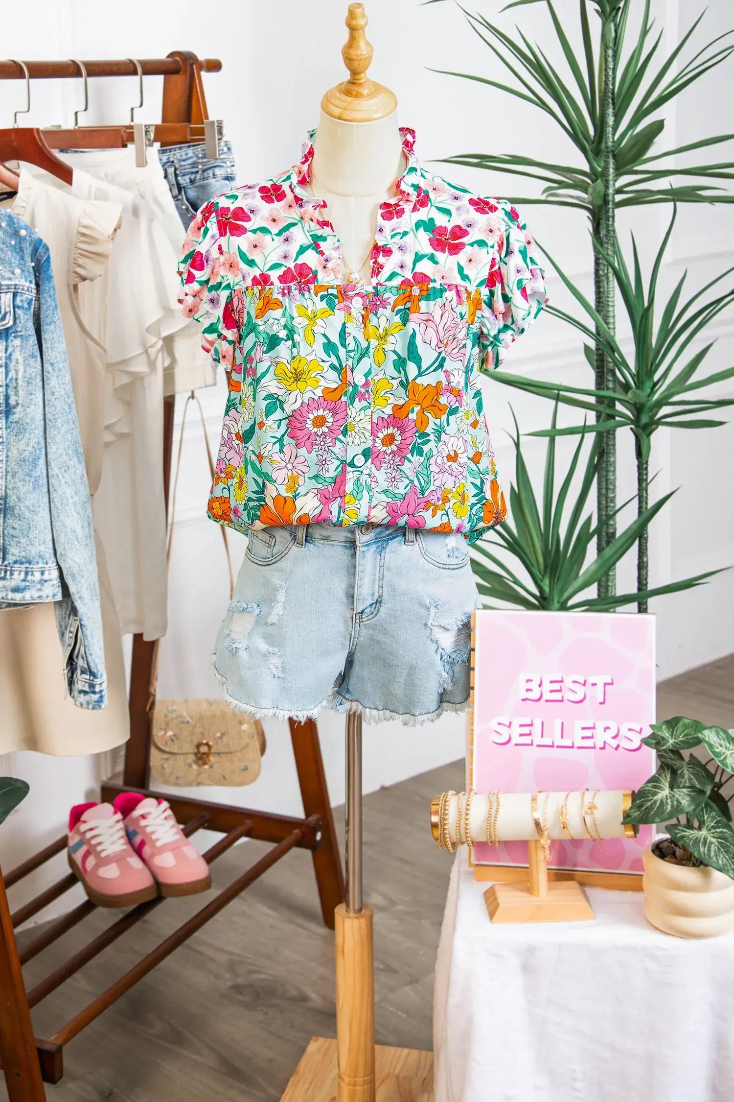 Sky Blue Floral Print Split Neck Button Front Flutter Sleeve Blouse - Sweet Fashion Wholesale
