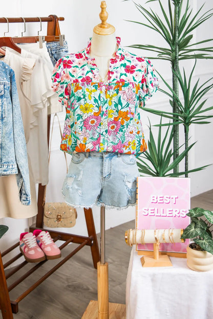 Sky Blue Floral Print Split Neck Button Front Flutter Sleeve Blouse - Sweet Fashion Wholesale