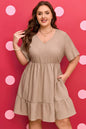 Dark Khaki Plus Size Textured Ruffled Short Sleeve Dress
