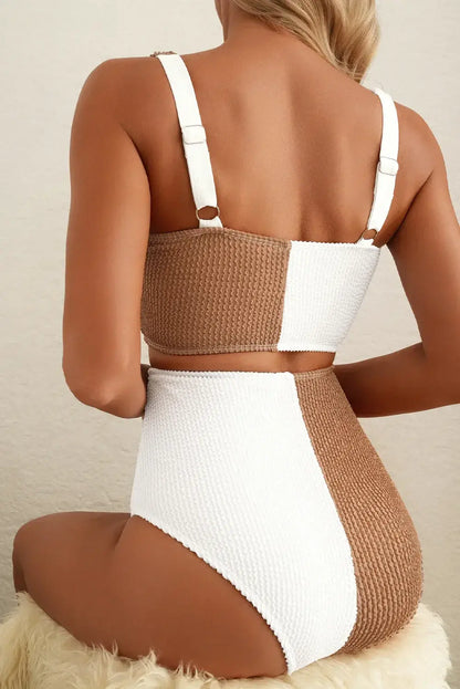 White Corded Colorblock Square Neck Bikini Swimsuit - Sweet Fashion Wholesale
