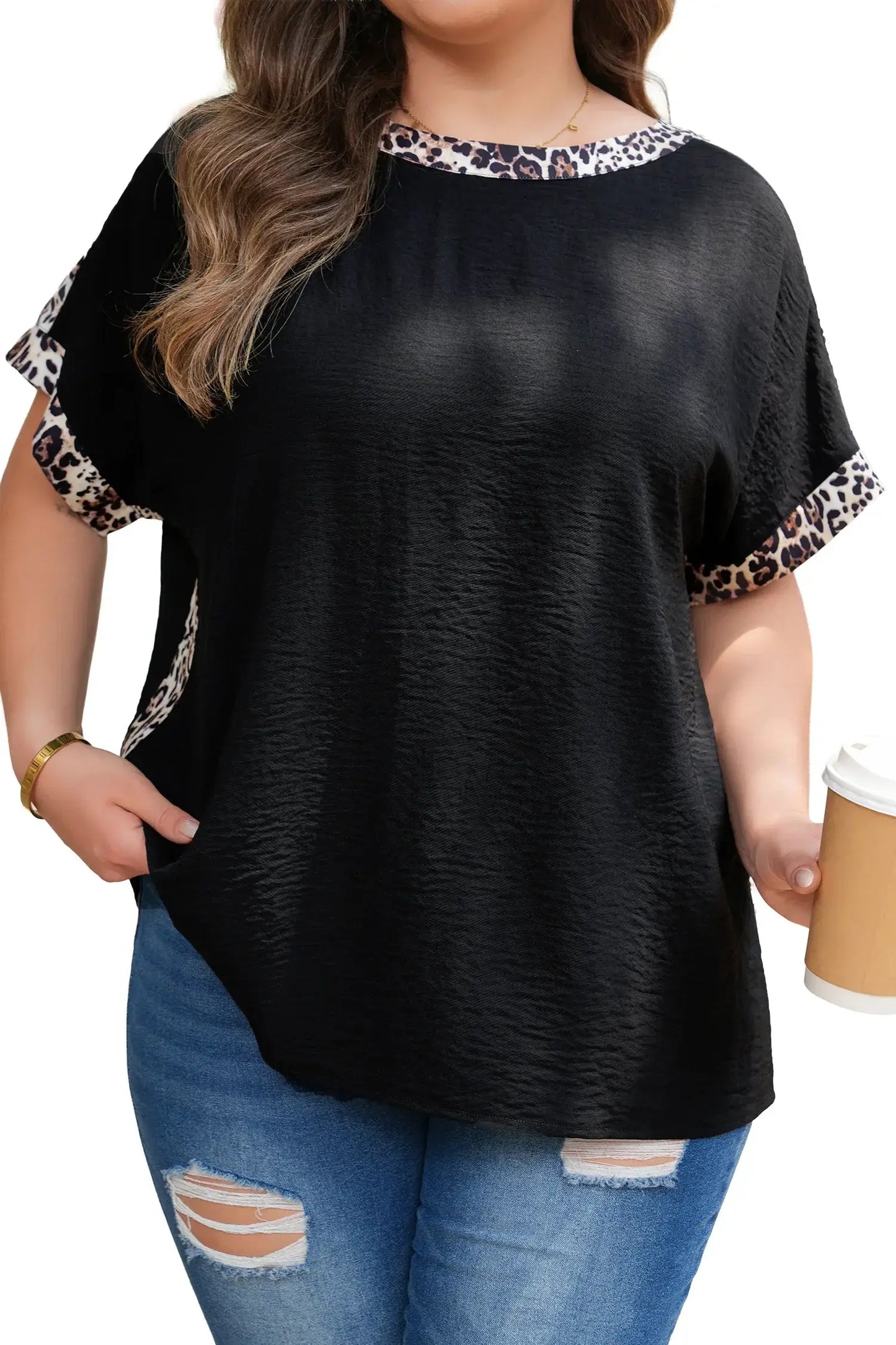 Black Plus Size Leopard Patchwork Round Neck Loose Tee - Sweet Fashion Wholesale