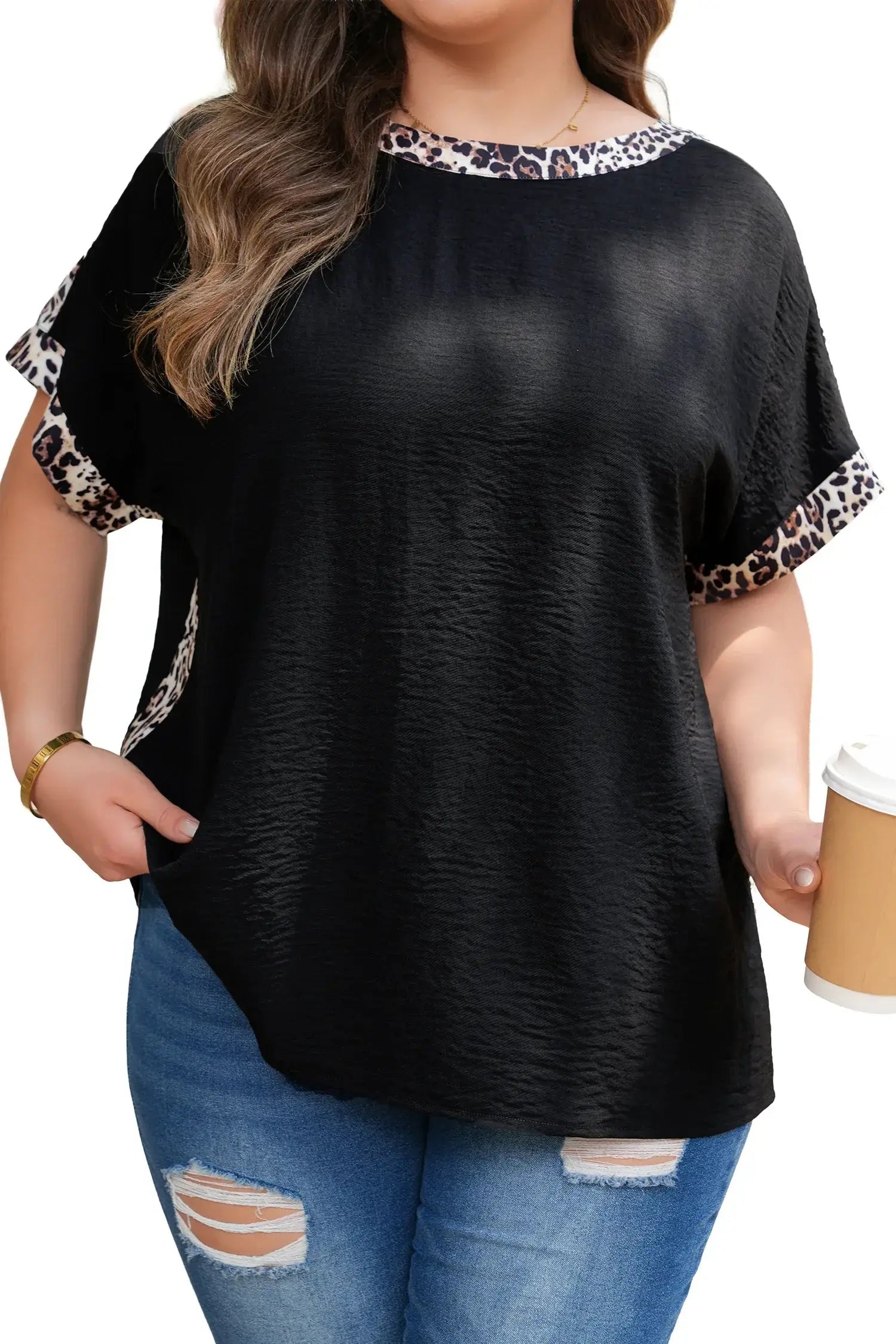Black Plus Size Leopard Patchwork Round Neck Loose Tee - Sweet Fashion Wholesale