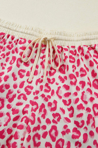 Khaki V Neck Collar Leopard Printed 2pcs Short Set