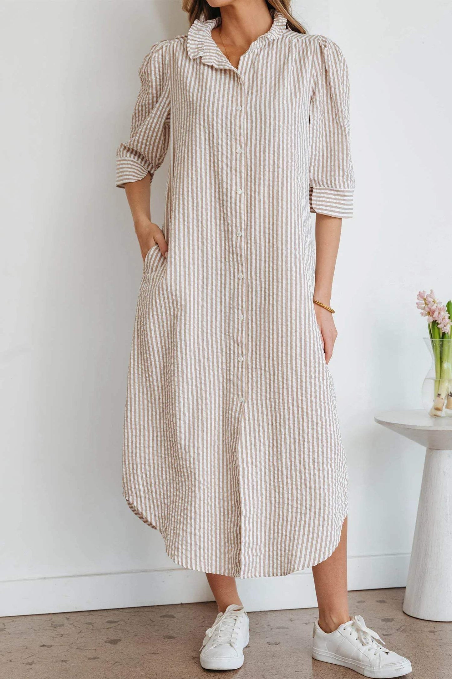 Khaki Stripe Frilled Collar Half Sleeve Shirt Maxi Dress - Sweet Fashion Wholesale