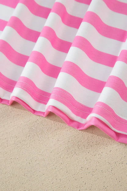 Pink Stripe Colorblock Patched Pocket V Neck Plus Size Tee - Sweet Fashion Wholesale