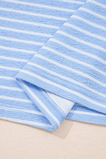 Sky Blue Stripe Crew Neck Tee Drawstring Waist Cropped Pants Set