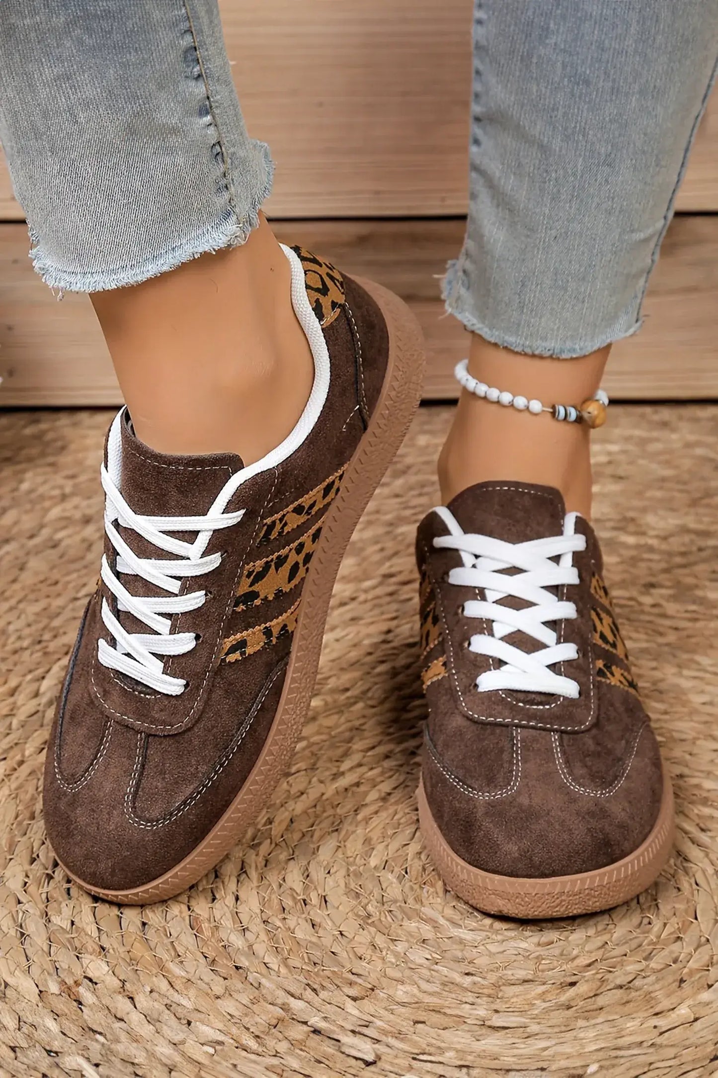 Coffee Contrast Lace-up Leopard Patchwork Detail Faux Suede Shoes - Sweet Fashion Wholesale