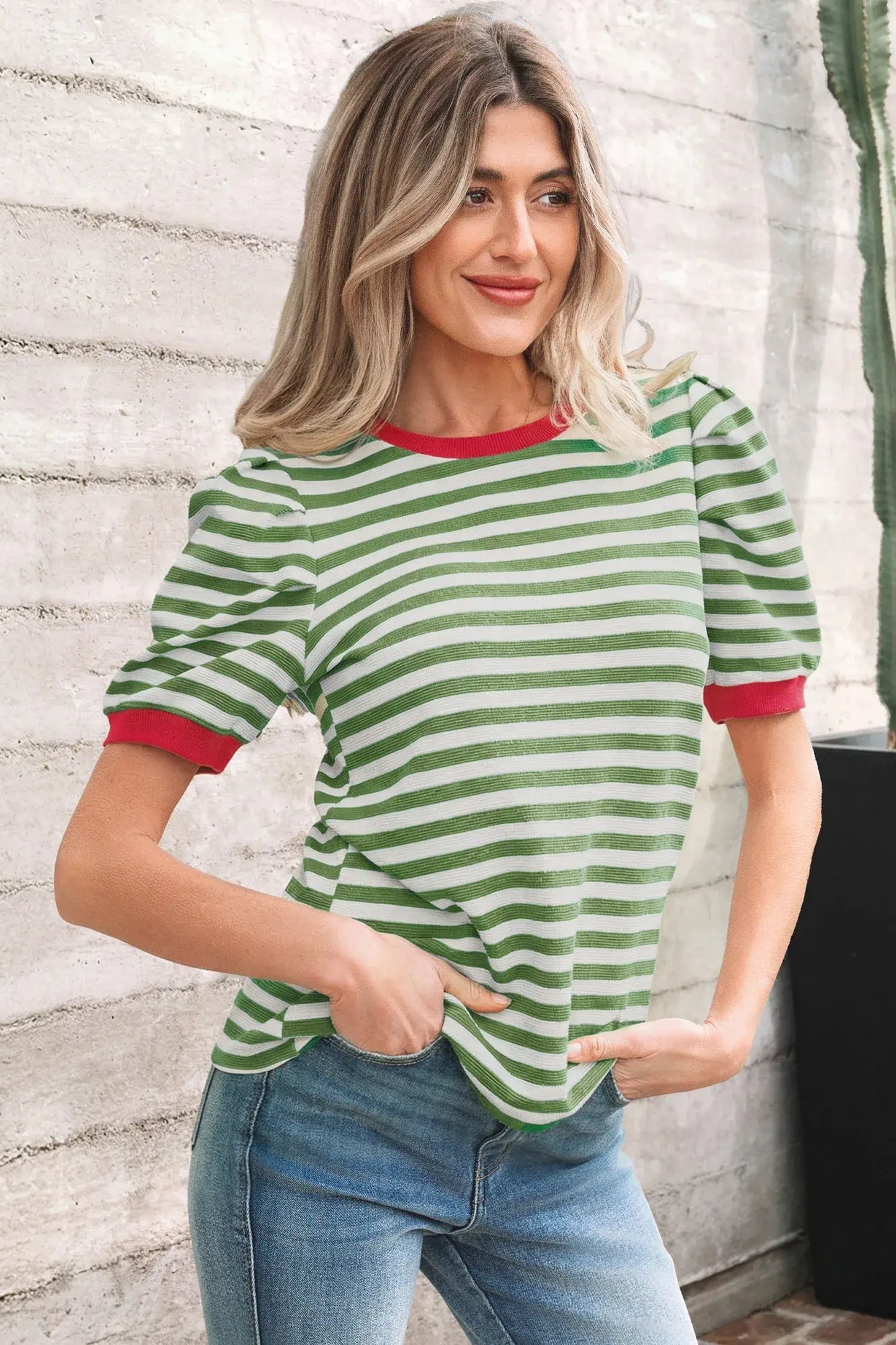 Rose Stripe Short Puff Sleeve Contrast Trim Round Neck Tee - Sweet Fashion Wholesale