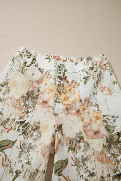 Beige Vintage Style Floral Print High Waist Wide Leg Jeans