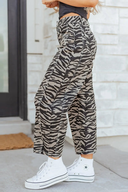 Gray Zebra Stripe Printed Wide Leg Barrel Jeans - Sweet Fashion Wholesale