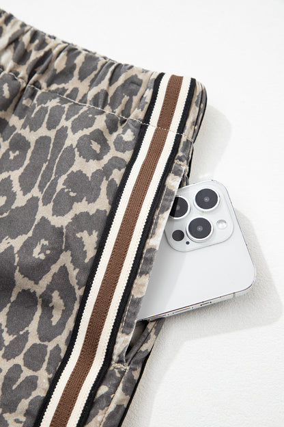 Multicolour Leopard Pattern Striped Detail Drawstring Denim Shorts