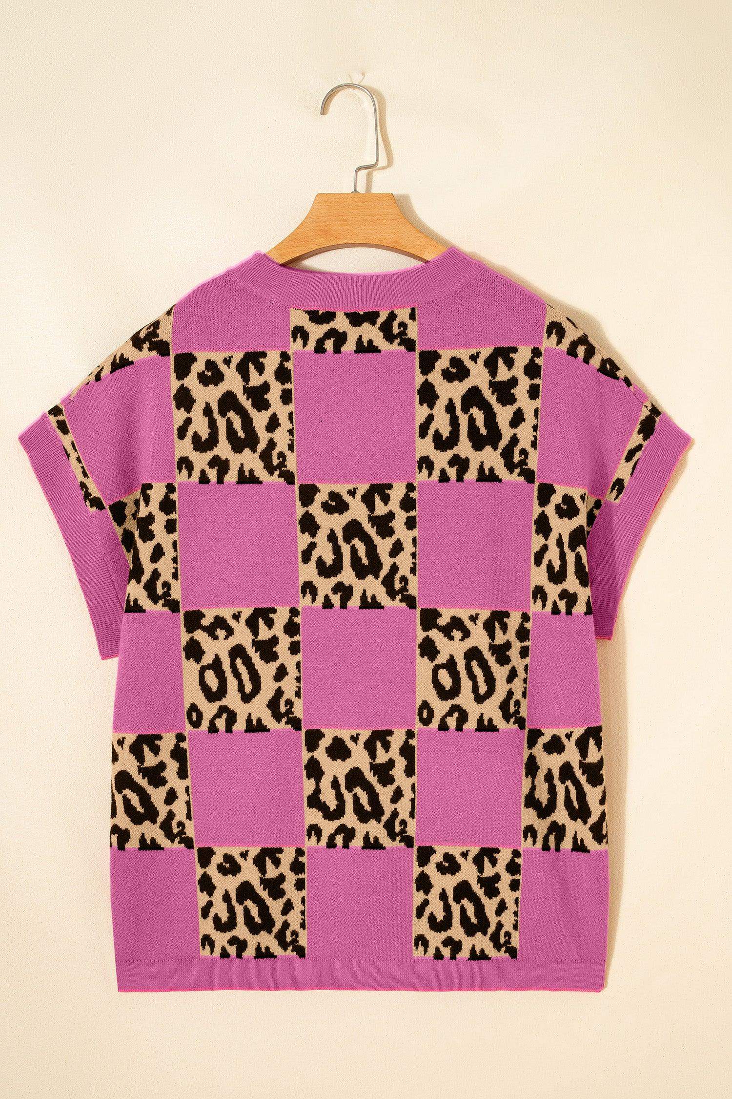 Red Leopard Checkerboard Short Sleeve Knit Sweater - Sweet Fashion Wholesale