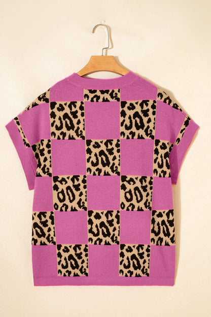 Red Leopard Checkerboard Short Sleeve Knit Sweater - Sweet Fashion Wholesale