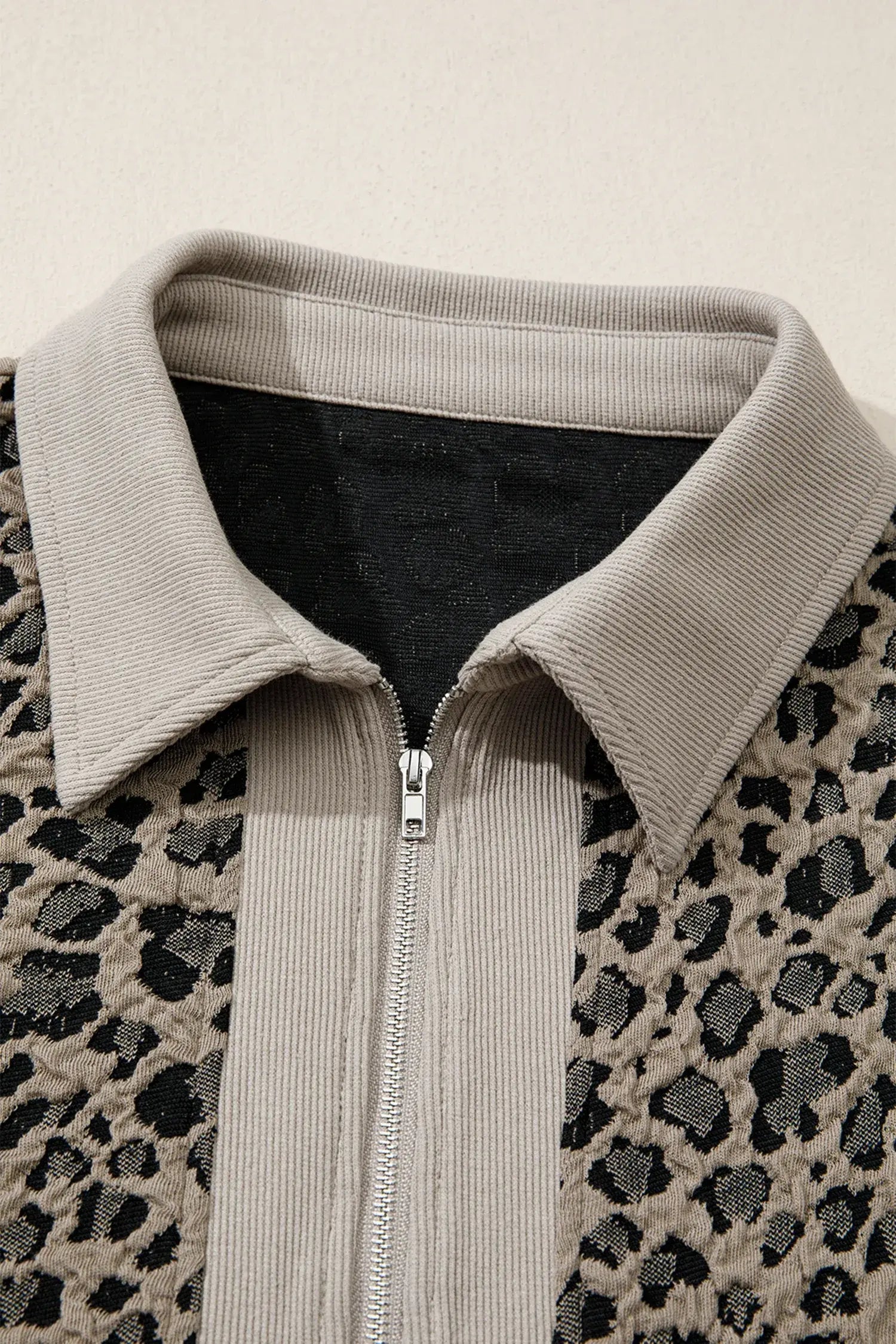 Beige Zip up Collared Leopard Cap Sleeve Top - Sweet Fashion Wholesale
