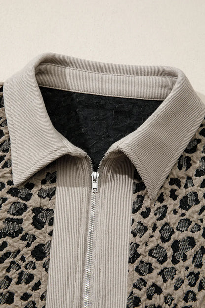 Beige Zip up Collared Leopard Cap Sleeve Top - Sweet Fashion Wholesale