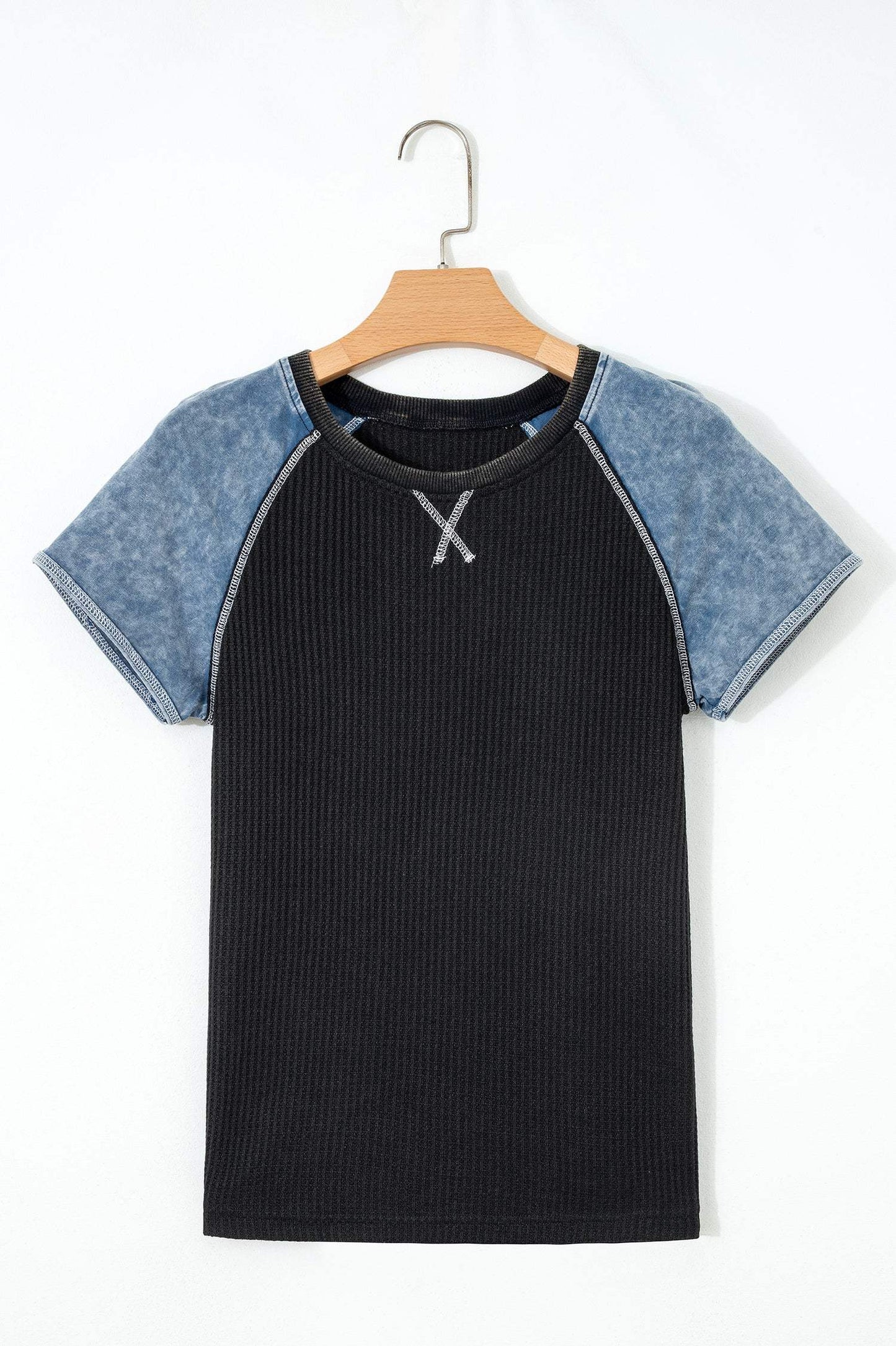 Carbon Grey Waffle Knit Seam Detail Color Block Patchwork Short Sleeve Top