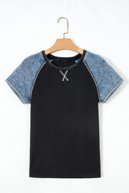 Carbon Grey Waffle Knit Seam Detail Color Block Patchwork Short Sleeve Top