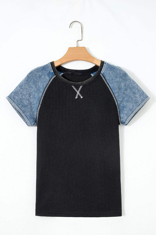 Carbon Grey Waffle Knit Seam Detail Color Block Patchwork Short Sleeve Top