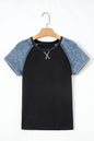 Carbon Grey Waffle Knit Seam Detail Color Block Patchwork Short Sleeve Top
