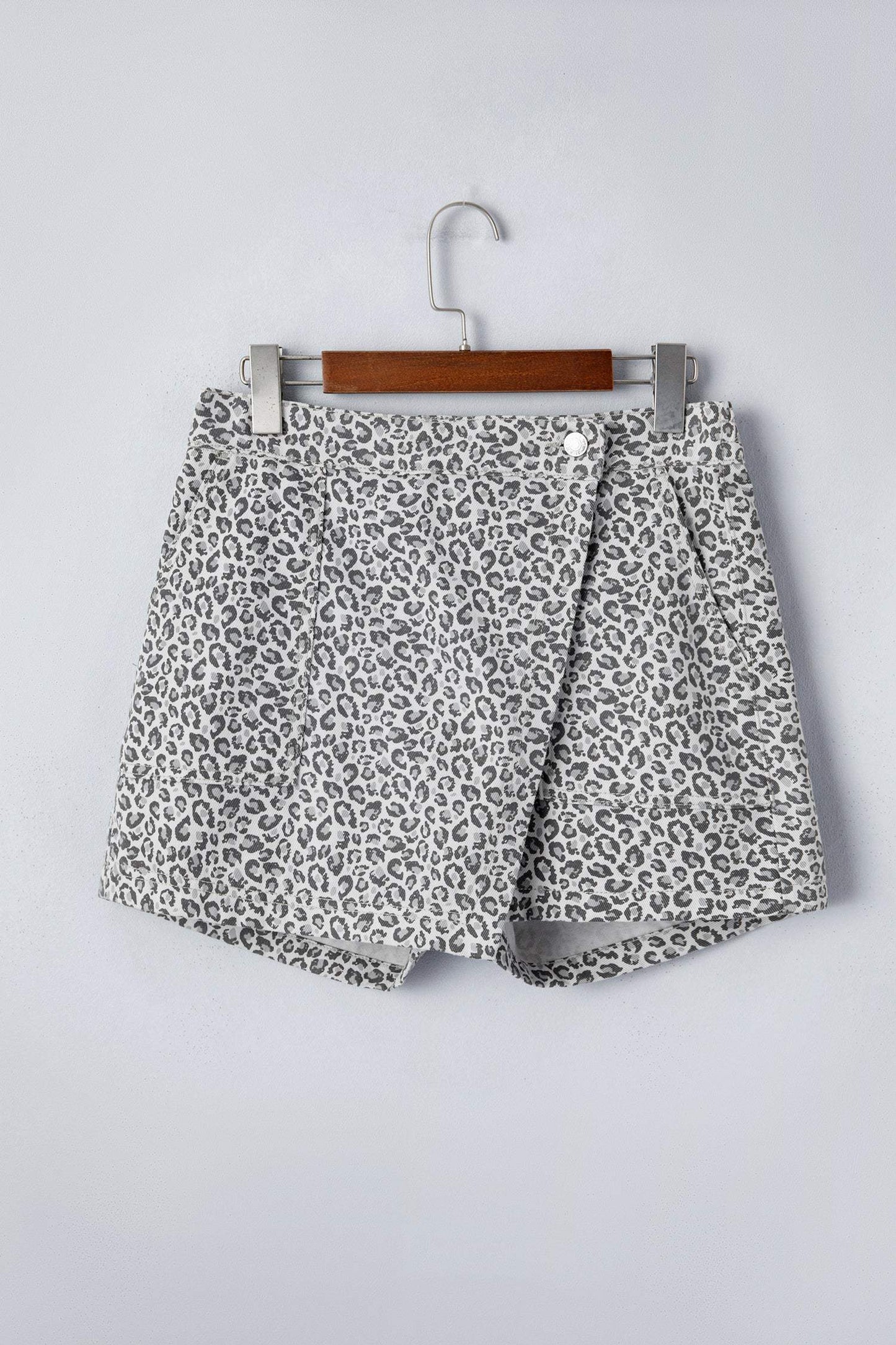 Gray Leopard Print Wrap Front Denim Shorts