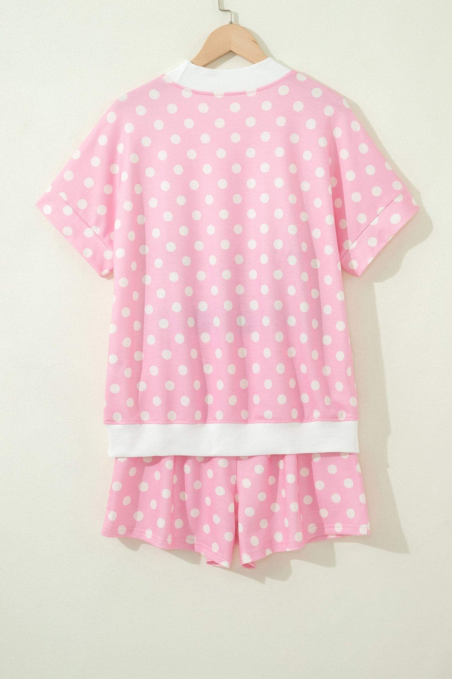 Green Polka Dot Print Color Block Trim Mock Neck Short Set