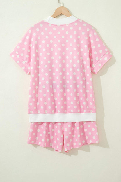 Green Polka Dot Print Color Block Trim Mock Neck Short Set