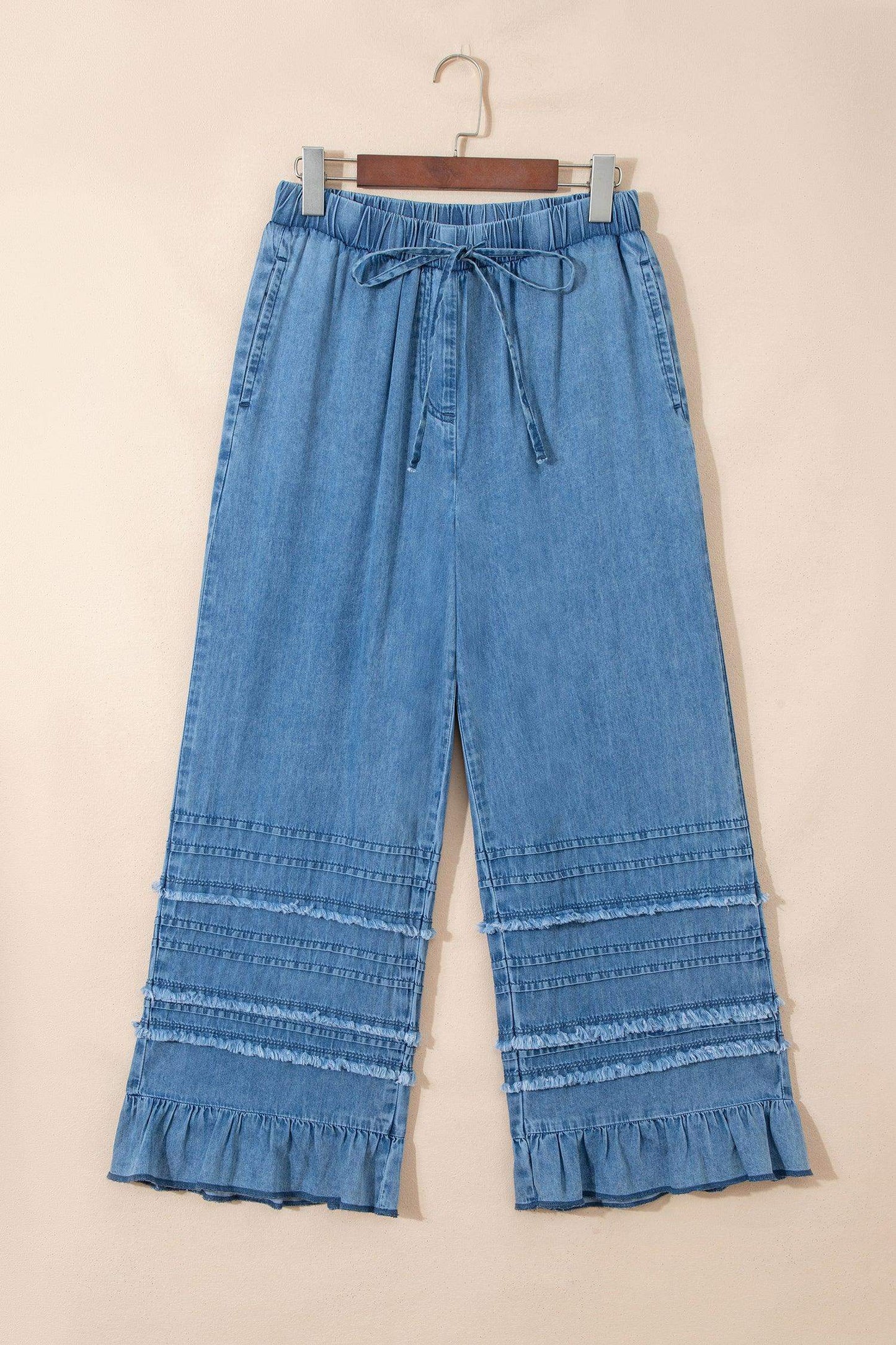 Dusk Blue Ruffled Hem Wide Leg Chambray Pants - Sweet Fashion Wholesale