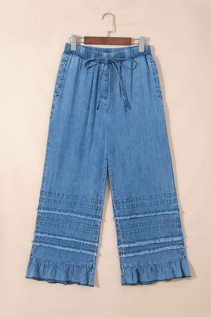 Dusk Blue Ruffled Hem Wide Leg Chambray Pants - Sweet Fashion Wholesale