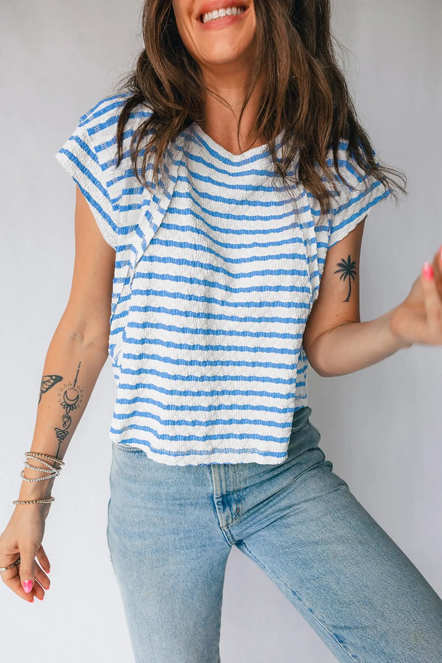 Blue Stripe Textured Short Sleeve Patchwork T Shirt - Sweet Fashion Wholesale