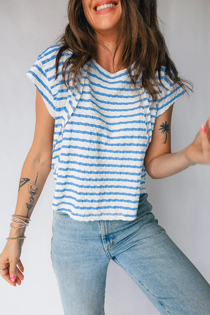 Blue Stripe Textured Short Sleeve Patchwork T Shirt - Sweet Fashion Wholesale