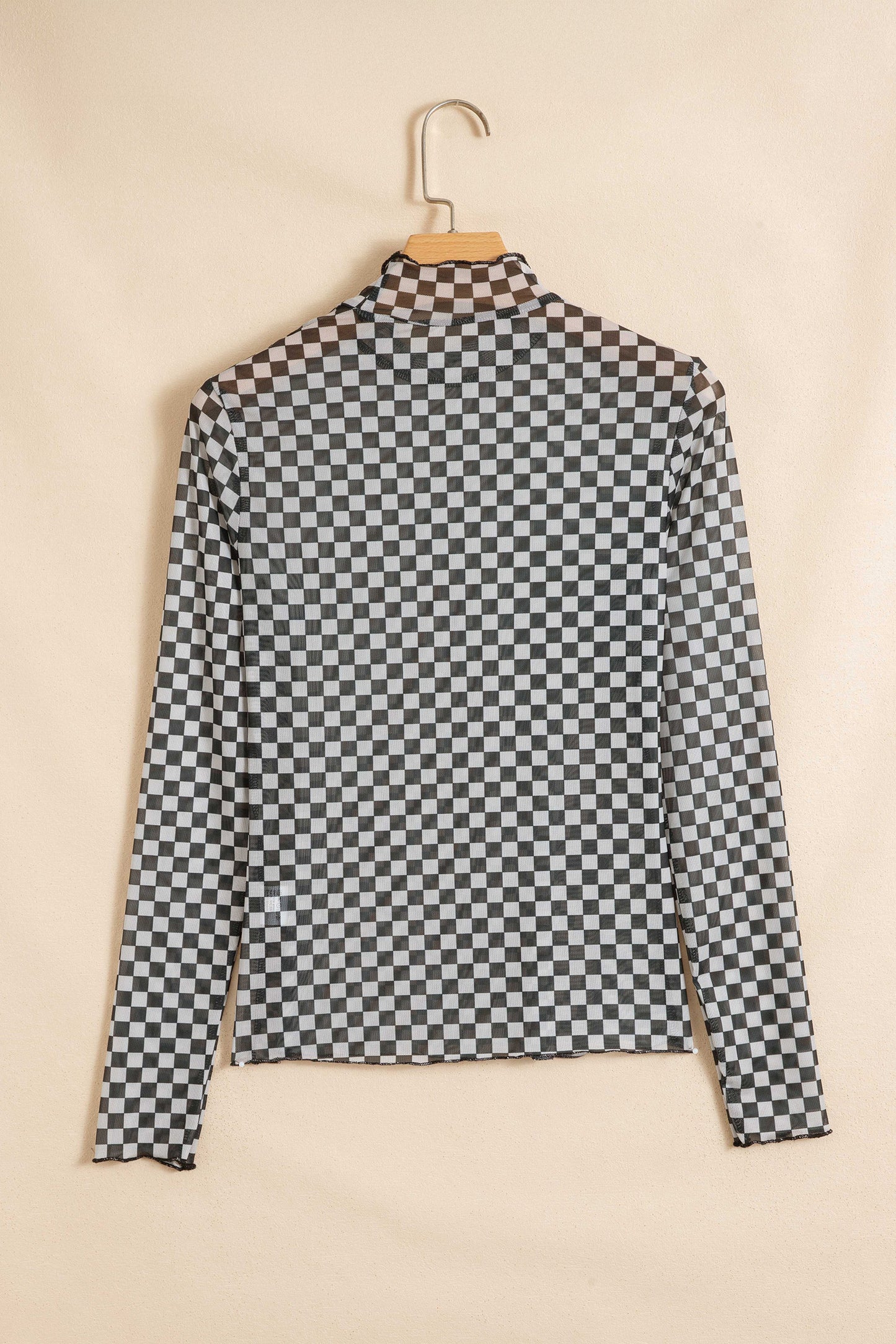 Black Plaid Stand Neck Long Sleeve Mesh Top