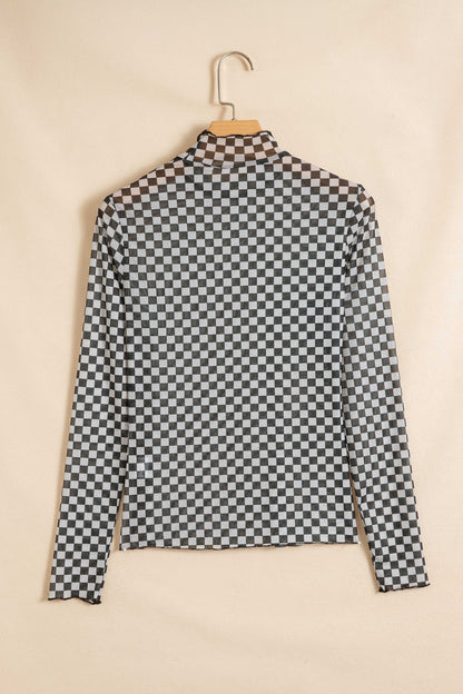 Black Plaid Stand Neck Long Sleeve Mesh Top